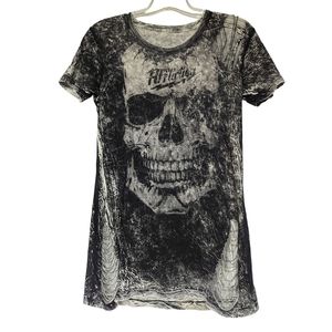 Affliction - Reversible Grey Black Thrashed Skeleton Skull Tee Shirt Size L